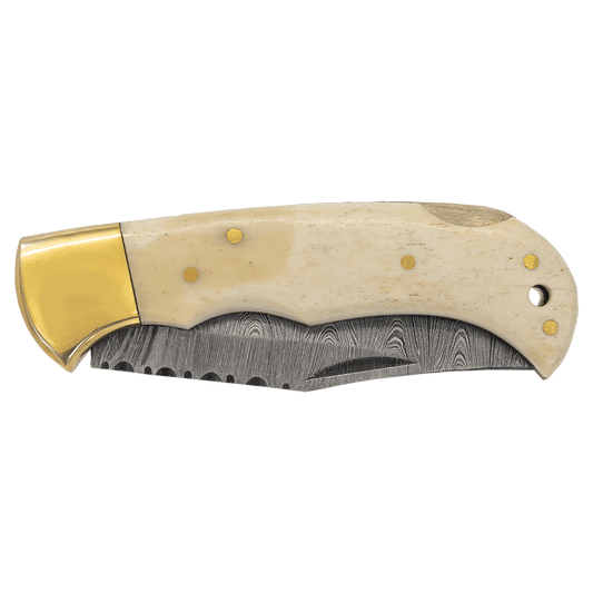 Navaja plegable Bison River de 3 3/4" con hueso, hoja de damasco y funda de cuero, personalizada para ti.