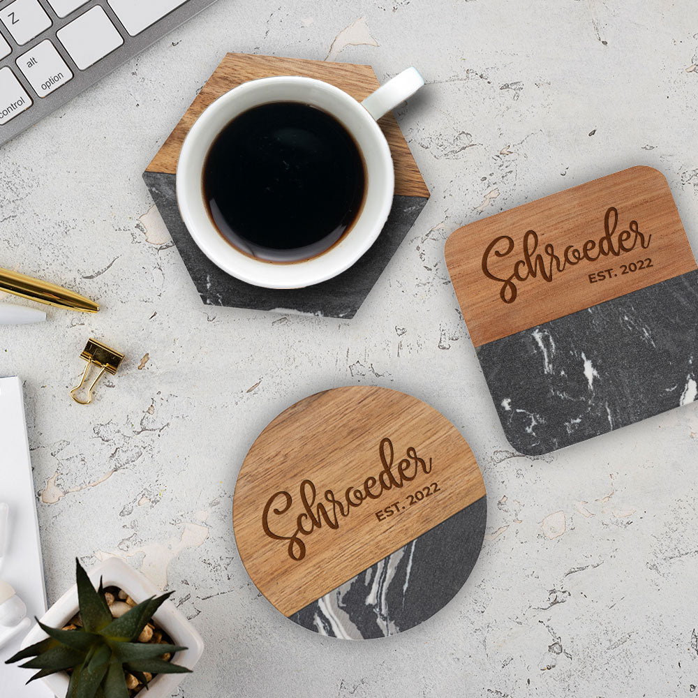 Custom Engraved Marble and Acacia Wood Coasters (4Pack)