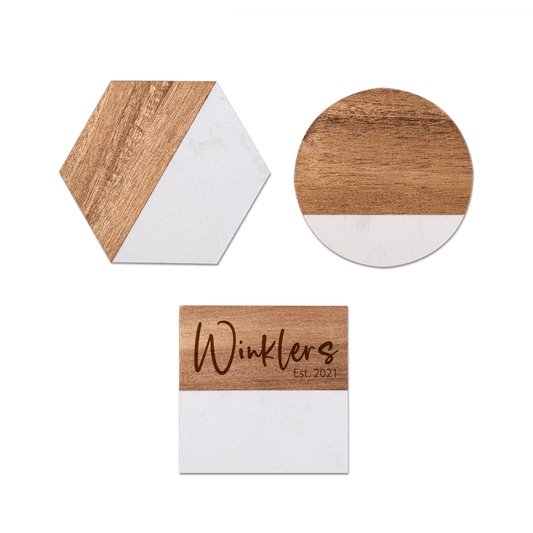 Custom Engraved Marble and Acacia Wood Coasters (4Pack)