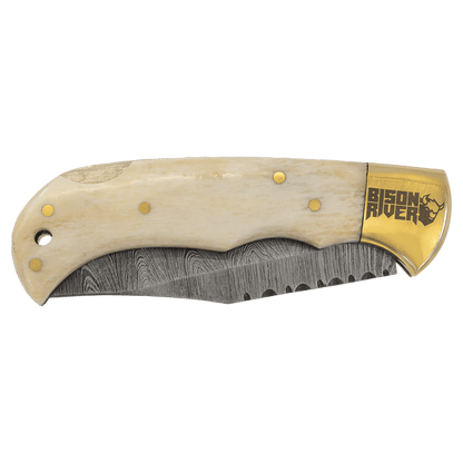 Navaja plegable Bison River de 3 3/4" con hueso, hoja de damasco y funda de cuero, personalizada para ti.