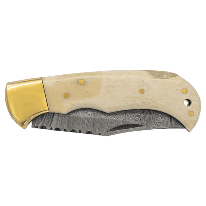 Navaja plegable Bison River de 3 3/4" con hueso, hoja de damasco y funda de cuero, personalizada para ti.