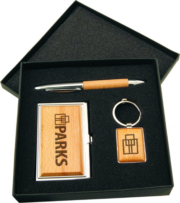 Customized Silver & Wood Gift Set includes Business Card Case, Pen & Keychain