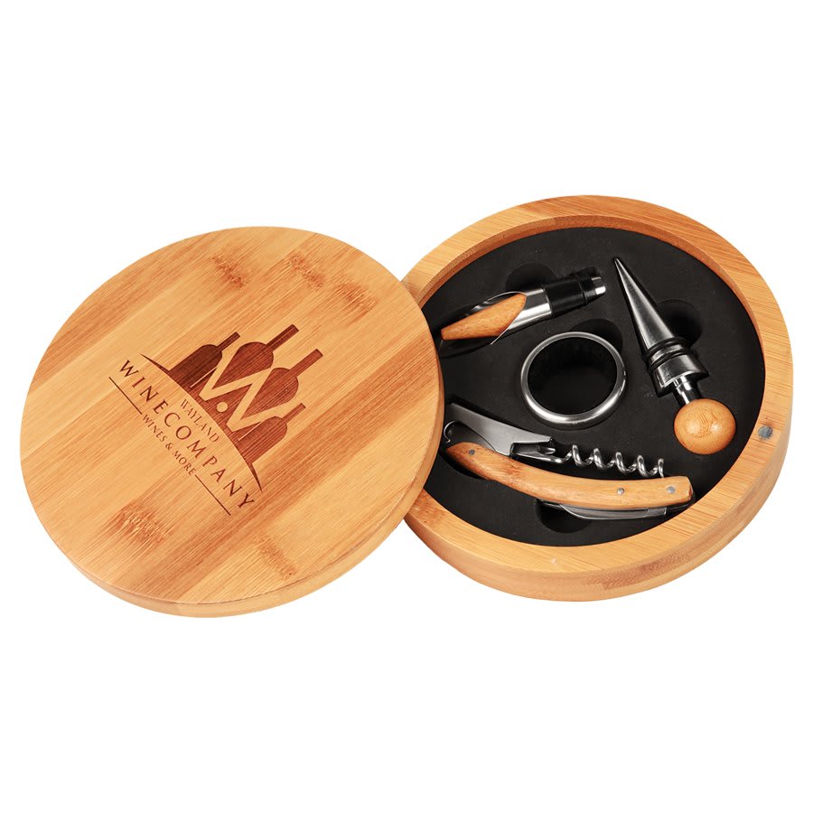 Juego de herramientas para vino de 4 piezas de bambú genuino personalizado