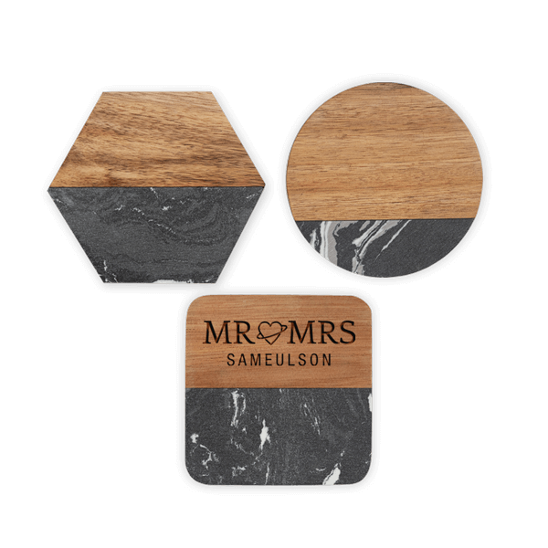 Custom Engraved Marble and Acacia Wood Coasters (4Pack)